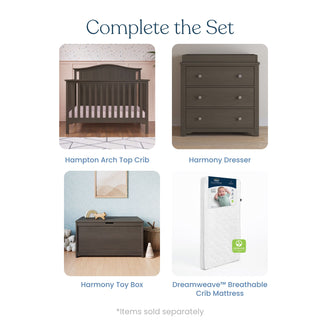 Four nursery furniture pieces: Child Craft Hampton Arch Top 4-in-1 Convertible Crib in Dapper Grey, matching dresser, grey toy box in a light room, and white breathable crib mattress. Text above: “Complete the Set.” *Items sold separately.