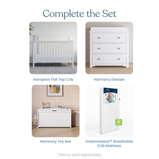 A set of four nursery items: Child Craft Hampton Flat Top 4-in-1 Convertible Crib in Matte White, a white three-drawer dresser, a white toy box, and a breathable crib mattress. Each item labeled; “Items sold separately” noted below.