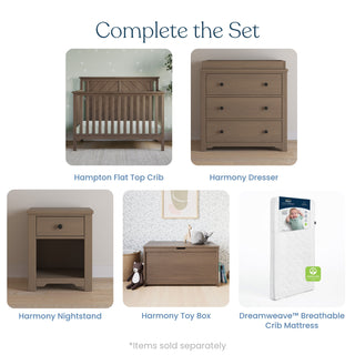 A nursery set featuring the Child Craft Hampton Flat Top 4-in-1 Convertible Crib in Dusty Heather, pine wood dresser, nightstand, toy box, and a white Dreamweave breathable crib mattress. Each item shown separately. Text: Complete the Set.
