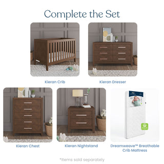 The Child Craft Kieran 3 Piece Nursery Set—including a convertible crib, dresser, and chest with a matching brown finish—is featured under the title Complete the Set. A white crib mattress, along with decorative items and plush toys, are also pictured to complement this modern nursery furniture collection.