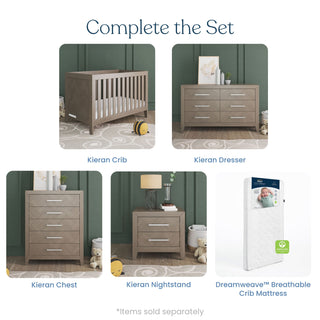 The Child Craft Kieran 3-in-1 Convertible Crib in Crescent Gray features modern herringbone wood design in neutral tones. Dresser, chest, nightstand, and Dreamweave™ breathable crib mattress sold separately.