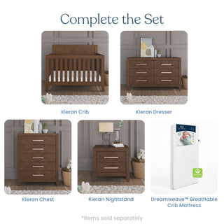 Image displays a set of matching nursery furniture featuring the Child Craft Kieran 4-in-1 Convertible Crib in Toasted Chestnut, plus dresser, chest, nightstand, and Dreamweave breathable crib mattress. Items are sold separately.