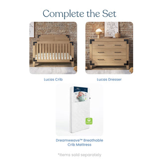 Create a cozy nursery with the Child Craft Lucas 4-in-1 Convertible Crib in Nutmeg, matching dresser with black accents, and a white Dreamweave™ breathable crib mattress. Complete the Set. *Items sold separately.