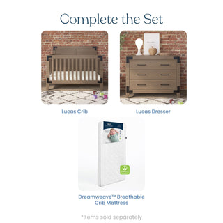 Complete the set: The Child Craft Lucas 4-in-1 Convertible Crib in Dusty Heather, a matching three-drawer dresser, and a white Dreamweave™ breathable crib mattress. *Items sold separately.