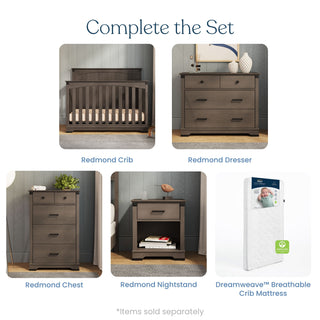 Furnish your nursery with Child Craft's Redmond Full Panel 4-in-1 Convertible Crib in Dapper Gray. Shown with matching dresser, chest, nightstand, and a white crib mattress. Complete the Set; items sold separately.