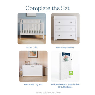 Four nursery essentials are shown: Child Craft Scout 4-in-1 Convertible Crib in Matte White, Harmony Dresser with three drawers, matching Harmony Toy Box, and Dreamweave™ Breathable Crib Mattress. Items are sold separately.