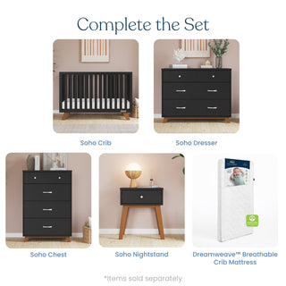 Complete the Set: Five-piece nursery set featuring the Child Craft Soho 4-in-1 Convertible Crib in Ebony, dresser, chest, nightstand with wood legs, and a white breathable crib mattress.