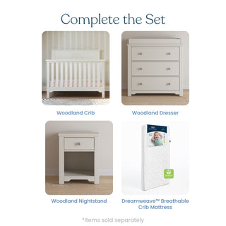 A set of four nursery items: Child Craft Woodland 4-in-1 Convertible Crib in Brushed Cotton, a white three-drawer dresser, a white one-drawer nightstand, and a breathable crib mattress. Complete the Set. *Items sold separately.