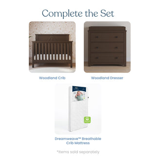 The Woodland 4-in-1 Convertible Crib in Brushed Truffle by Child Craft, a dresser, and a white breathable crib mattress are shown with “Complete the Set.” Note: Items sold separately.