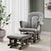 The Child Craft Hampton Arch Top 5 Piece Nursery Set, featuring a gray upholstered glider chair with matching ottoman, is arranged on a light wood floor next to a potted plant, white curtains, and abstract wall art in a modern room, complemented by the sleek dresser with changing tray from the same set.
