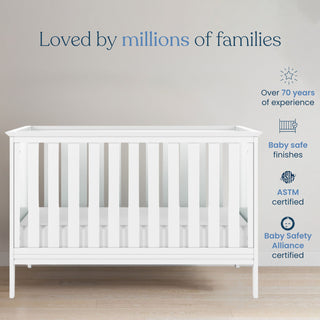 A Child Craft Atwood 3-in-1 Euro Convertible Crib in Matte White stands on a light wooden floor. Above: "Loved by millions of families." On the right: 70+ years’ experience, baby-safe finishes, ASTM and Baby Safety Alliance certified.
