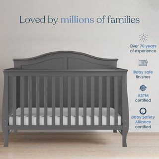 A Cool Grey Child Craft Camden 4-in-1 Convertible Crib with a striped mattress sits by a light wall. Text above states, “Loved by millions of families.” Icons emphasize 70+ years of expertise and safety certifications.