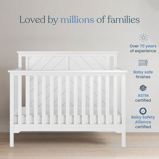 The Child Craft Hampton Flat Top 4-in-1 Convertible Crib in Matte White—loved by millions, over 70 years of expertise, baby safe finishes, ASTM and Baby Safety Alliance certified—offers safety and style for your nursery.