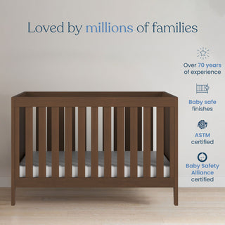 A Kieran 3 Piece Nursery Set with Crib, Dresser, and Chest by Child Craft is showcased on a light floor, with text highlighting safety certifications, over 70 years of expertise, baby-safe finishes, ASTM certification, and Baby Safety Alliance approval. Perfect for a modern nursery or as part of a nursery furniture set. Above reads: "Loved by millions of families.