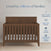 The Child Craft Kieran 4-in-1 Convertible Crib in Toasted Chestnut features a striped mattress and stands against the wall. With 70+ years of expertise, it offers baby-safe finishes, ASTM and Baby Safety Alliance certifications.