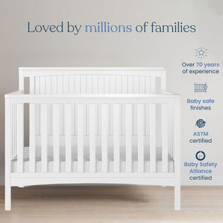 The Child Craft Scout 4-in-1 Convertible Crib in Matte White is displayed in a softly lit nursery. Text above says, Loved by millions of families. Icons showcase 70+ years' expertise, baby-safe finishes, and trusted safety certifications.