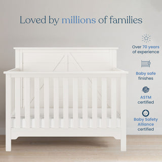 A Child Craft Woodland 4-in-1 Convertible Crib in Brushed Cotton is centered in a bright room. Text highlights 70+ years of expertise, solid pine wood, adjustable mattress support, top safety certifications, and family-favorite design.