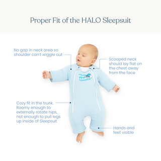 A baby wears the HALO Baby Merlins Magic Sleepsuit® 100% Cotton, lying on their back. Text highlights a snug, scooped neck, cozy trunk, visible hands and feet, and roomy hips—showing the perfect swaddle transition and proper fit.
