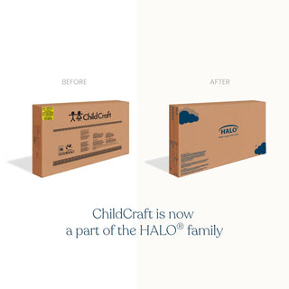 Side-by-side comparison of two boxes: Child Craft Hampton Arch Top 4-in-1 Convertible Crib, Dapper Grey (Before) and HALO (After). Text: “This crib is now part of the HALO family.”.