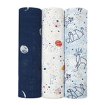 The aden + anais boutique silky soft swaddle blanket 3 pack includes a dark blue moon design, a white planets and stars pattern, and a light blue constellation-style animal print. Made from bamboo-infused viscose, these swaddles promise ultimate comfort for your little one.