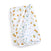 Aden + anais organic cotton muslin dream blanket features vibrant orange fruit and green leaf patterns on one side, with blue polka dots and floral details on the other. It is a white GOTS certified baby blanket, folded neatly.