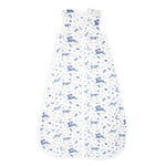 The organic cotton light sleep sack TOG 1.0 by aden + anais is a white sleeveless baby sleeping bag made from breathable cotton muslin, featuring a front zipper and decorated with blue and gray deer and birds, plus small yellow and gray leaves for added charm.