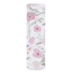 The aden + anais boutique 100% cotton muslin swaddle blanket is a rectangular cloth with a floral pattern of pink and peach flowers with green leaves on a white background, designed for extra absorbency and breathability.