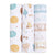 Three vertically displayed rolled-up baby swaddles from the aden + anais Disney™ boutique 100% cotton muslin collection showcase different patterns: teal and orange bears and suns, bears with honey pots and trees, and Disney-inspired aquamarine woodland creatures.