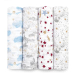 The boutique iconic 100% cotton muslin swaddle blanket 4 pack by aden + anais features enchanting Harry Potter-themed designs: blue snitches, magical castles, stars with lightning bolts, and owls surrounded by stars in a charming palette of blue, gray, red, and gold on white.