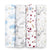 The boutique iconic 100% cotton muslin swaddle blanket 4 pack by aden + anais features enchanting Harry Potter-themed designs: blue snitches, magical castles, stars with lightning bolts, and owls surrounded by stars in a charming palette of blue, gray, red, and gold on white.