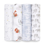 Explore the aden + anais boutique 100% cotton muslin swaddle blanket 4 pack, featuring breathable blankets with unique patterns—stars, foxes with leaves, a light blue abstract design, and charming bears. They promise exceptional softness and absorbency for your little ones comfort.