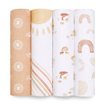 Four rolls of aden + anais boutique 100% cotton muslin swaddle blankets display unique themes: brown circles on light brown, yellow suns with stripes, small animals and trees, and brown rainbows on white. Each breathable swaddle showcases distinct colors and patterns.
