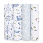 The aden + anais organic cotton muslin swaddle blanket 4-pack features nature-themed designs: blue/green trees, blue/white deer and trees, white leaves on light blue, and green/brown snails and mushrooms on white—ideal for any nursery.
