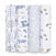 The aden + anais organic cotton muslin swaddle blanket 4-pack features nature-themed designs: blue/green trees, blue/white deer and trees, white leaves on light blue, and green/brown snails and mushrooms on white—ideal for any nursery.