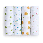 The aden + anais organic cotton muslin swaddle blanket 4 pack features four vertically arranged blankets, each adorned with different fruit patterns: green pears, blue berries, orange oranges, and red cherries—add a playful, sustainable touch to your baby product collection with these GOTS certified cloths.