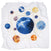 The aden + anais organic cotton muslin swaddle blanket 2 pack includes a white, slightly wrinkled blanket featuring a vibrant solar system print with planets, golden rings, and stars surrounding a large central blue planet.
