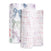 The aden + anais organic cotton muslin swaddle blanket 2 pack features two blankets—one with large, colorful bows and one with small pink bows—rolled side by side on a white background.