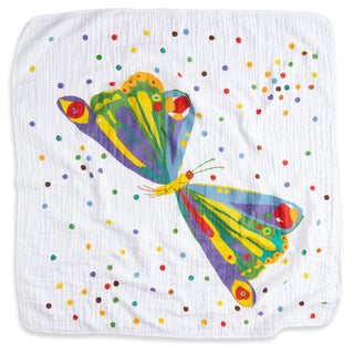 The HALO The Very Hungry Caterpillar Bundle includes a cotton swaddle blanket decorated with a large, colorful butterfly and multicolored polka dots.