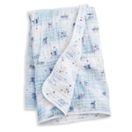 The aden + anais essentials cotton muslin dream blanket features soft, light blue fabric with pastel star patterns and blue-outlined Winnie the Pooh designs—perfect as a cozy newborn blanket.