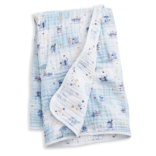 The aden + anais essentials cotton muslin dream blanket features soft, light blue fabric with pastel star patterns and blue-outlined Winnie the Pooh designs—perfect as a cozy newborn blanket.