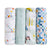 Four aden + anais essentials cotton muslin swaddle blankets, each with a unique pattern—colorful bunting, solid pale green, cars with trees, and blue-orange checkers—stand upright in a row against a white background.