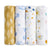 Four aden + anais essentials cotton muslin swaddle blankets stand upright, each with a distinct pattern: yellow diamonds, blue watercolor clouds, colorful confetti, and rainbows with suns on white.