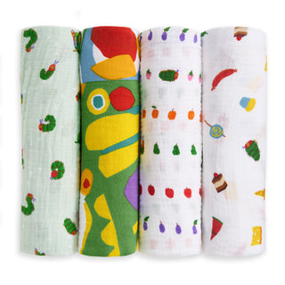 The aden + anais essentials cotton muslin swaddle blanket 4 pack – eric carle features vibrant, playful designs inspired by The Very Hungry Caterpillar, with fruits, veggies, and desserts—perfect for little ones.