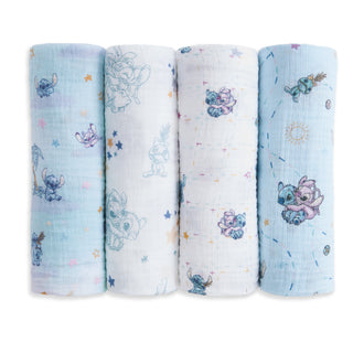 Aden + anais essentials cotton muslin swaddle blanket 4 pack includes soft, breathable blankets with blue and white backgrounds, cute cartoon animals, and pastel star patterns—perfect for swaddling your little one.