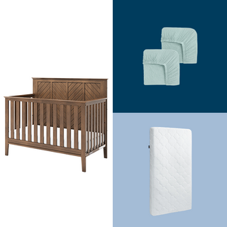 The HALO Atwood Crib Nursery Bundle is shown in a grid layout with a solid blue and light blue background, featuring a wooden crib, two mint green fitted sheets, and a white mattress—ideal for a stylish nursery.