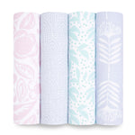The aden + anais essentials cotton muslin swaddle blanket 4 pack is displayed side by side, featuring pink, light blue, mint green, and gray with floral and leaf designs—perfect for your little one.