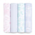 The aden + anais essentials cotton muslin swaddle blanket 4 pack is displayed side by side, featuring pink, light blue, mint green, and gray with floral and leaf designs—perfect for your little one.
