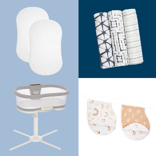 Collage featuring the HALO BassiNest Luxe Bundle: two white oval pads, three patterned swaddle blankets, a HALO BassiNest Luxe bassinet with stand, and two patterned sleep sacks displayed on a blue background.