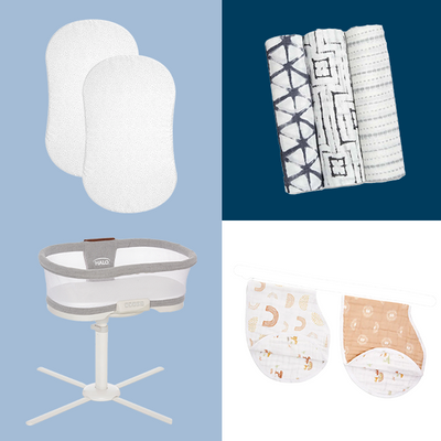Collage featuring the HALO BassiNest Luxe Bundle: two white oval pads, three patterned swaddle blankets, a HALO BassiNest Luxe bassinet with stand, and two patterned sleep sacks displayed on a blue background.