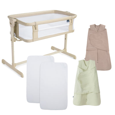 The HALO Bedside Bassinet Bundle includes a beige bassinet with mesh sides, two white mattress pads, a beige SleepSack swaddle, and a light green swaddle sack, all shown on a white background.